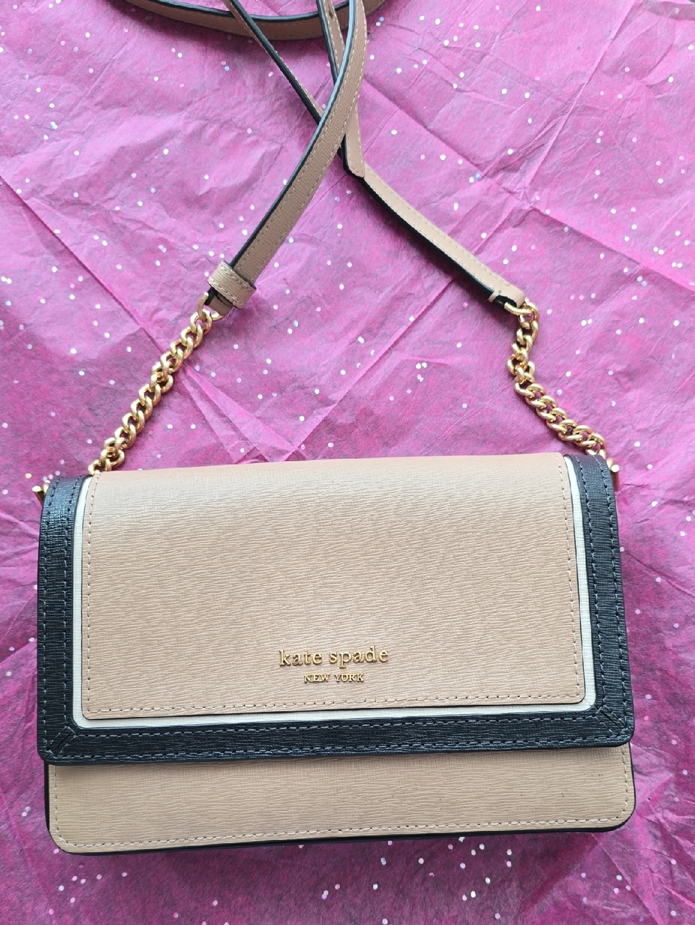 kate spade Two-Tone Beige and Black Crossbody with Gold Chain